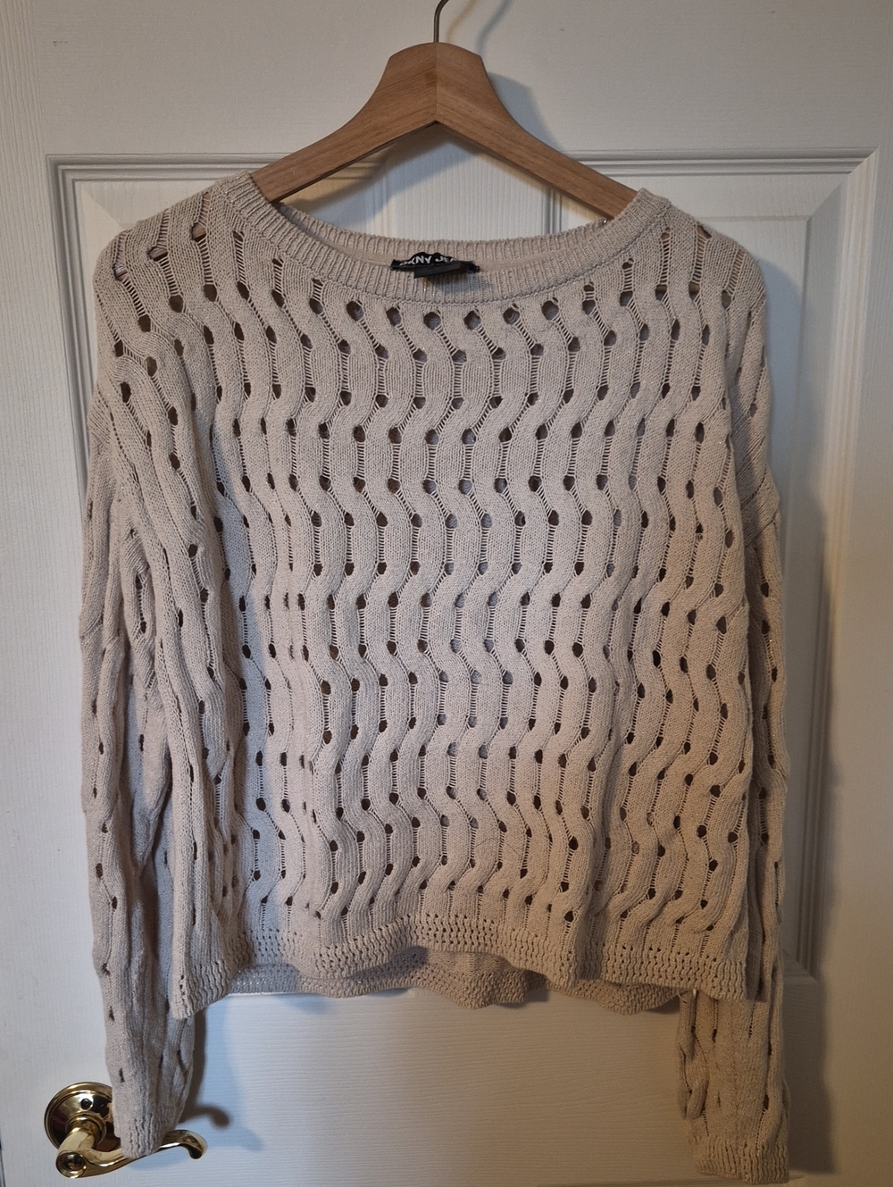 DKNY Jeans Open Knit Crop Sweater Metallic Shimmer Cream Knit Top M ✨